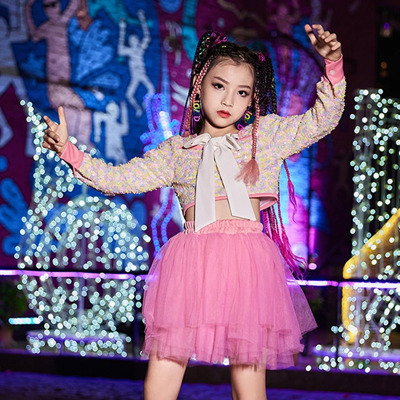 Agoky Vêtements de Sport Enfant Fille Robe de Danse Jazz Hip Hop Cheerleaders Performance Costume de Danse Moderne Tenue Noël Carnaval Fête Survêtement Dancewear Sequins 