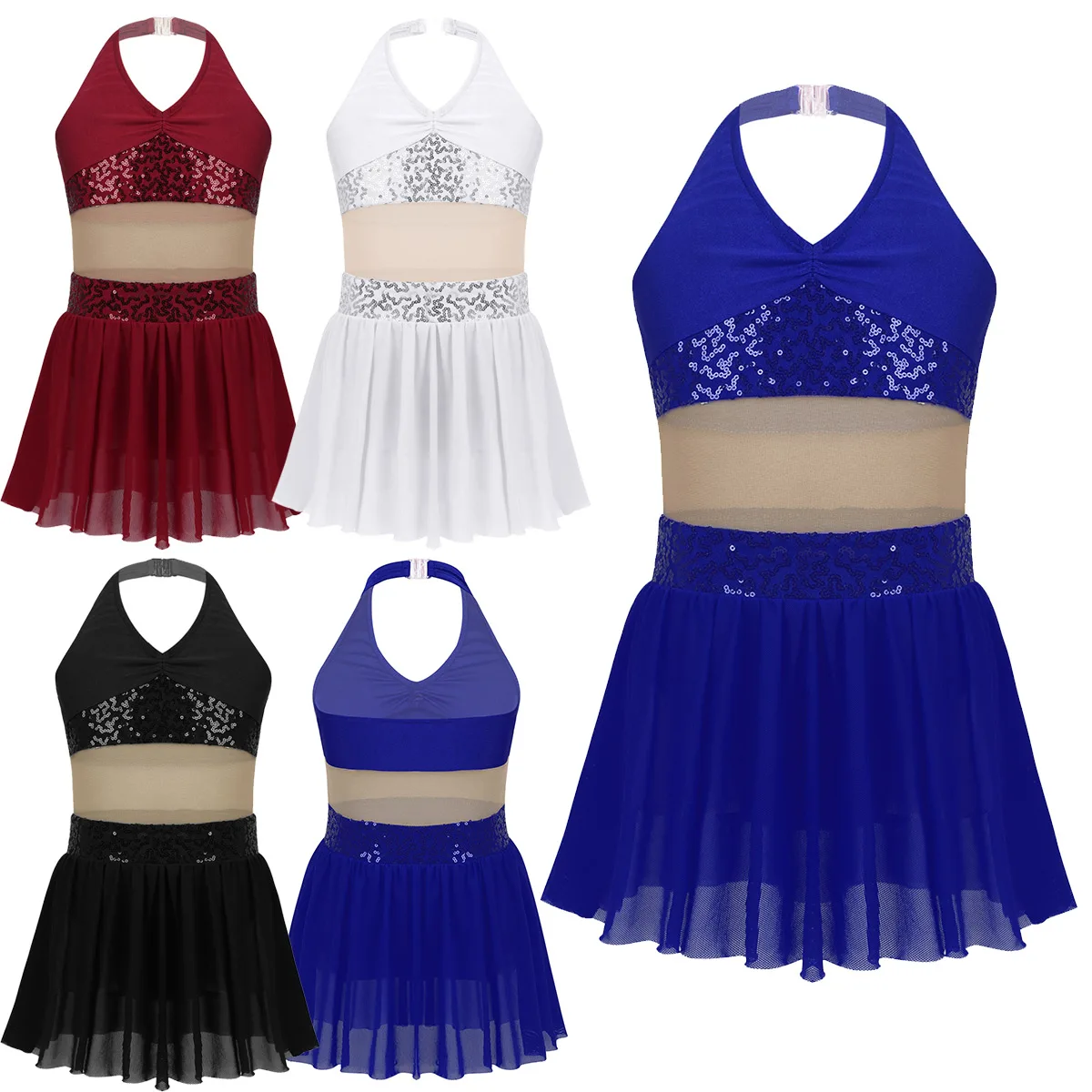 ChicTry Girls Halter Sequin Mesh Stretchy Figure Skating Dress Gymnastics Ballet Leotard Kids Performance Lyrical Dance Costumes