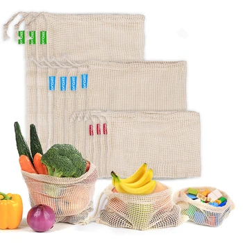 

Produce Bags for Vegetable Fruit Kitchen Reusable Washable Grid Storage With Drawstring 3 Sizes3pcs Reusable Cotton Mesh Bag