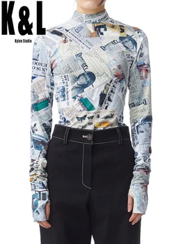 

K&L Kylen 2020 autumn new newspaper print o-neck hollow open back long sleeve top women street fashion tight bottoming shirt