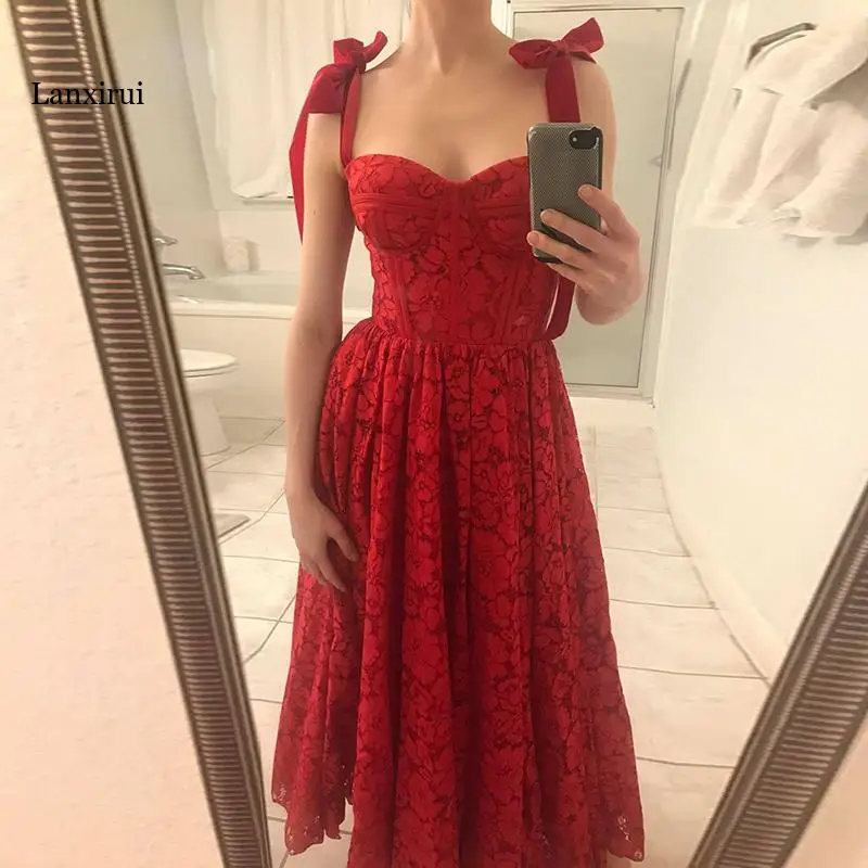 Red Tie Bow Bohemian party Dress Women Ruched High Waist Backless Spaghetti Strap Midi Dresses Summer Ruffle Beach Vestidos | Женская