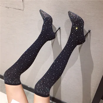 

Winter 2020 Fall Women Crystal Stretch Fabric Over The Knee Boots 9cm Bling High Heels Yarn Elastic Long Sock Boots Party Shoes
