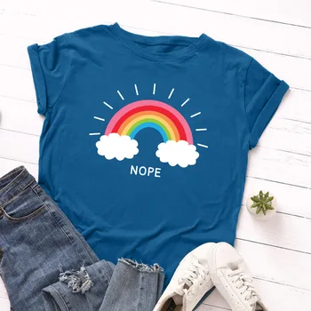 

Women's T-shirt retro T-shirt ladies basic Harajuku short-sleeved multi-color rainbow clouds NOPE printed O-neck top ropa muje