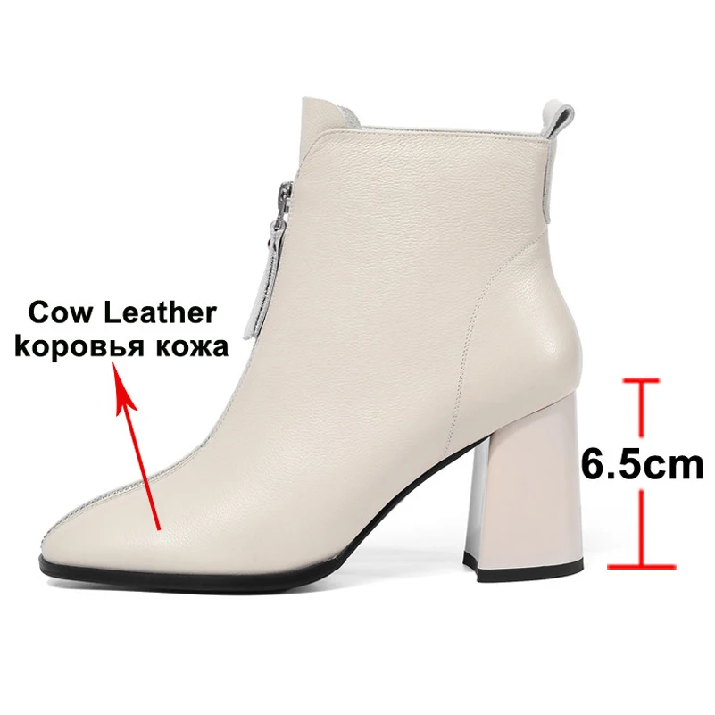 ANNYMOLI Winter Ankle Boots Women Natural Genuine Leather Thick High Heel Short Boots Cow Leather Zipper Shoes Lady Autumn 34-39