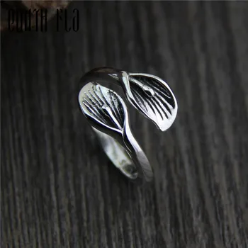 

Genuine 925 Sterling Silver Female Vintage Simple Open Rings Flower Leaves Design Fashion Jewelry For Women Tail Ring Opening