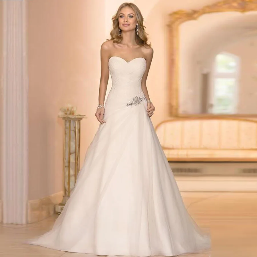 

Glamorous Tulle Sweetheart Neckline A-Line Wedding Dress with Rhinestones Lace-up Pleat Bridal Dress vestido de novia