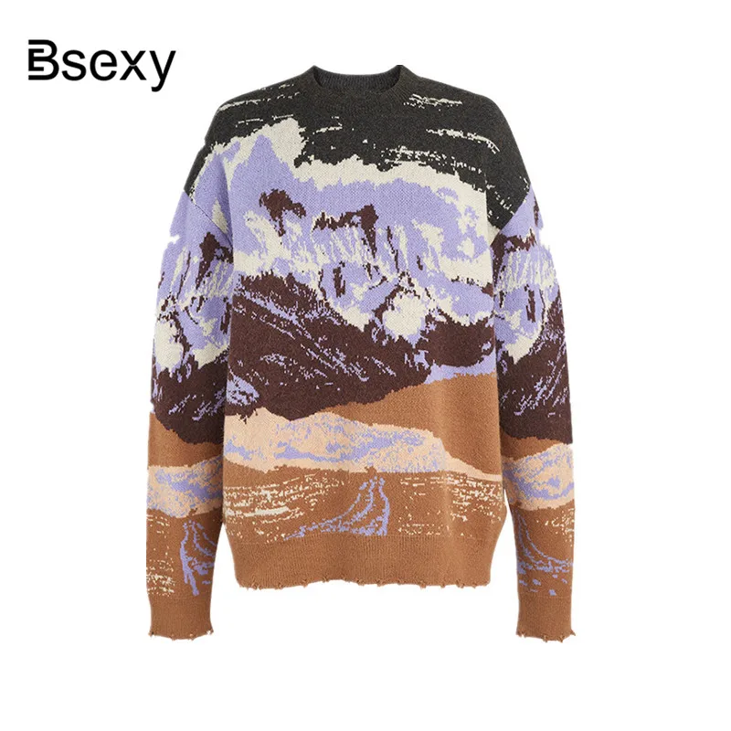 2019 Winter Color Block Snow Mountain jacquard landscape Print Round neck Loose Destroyed Holes Women Knit Sweater Pullover |