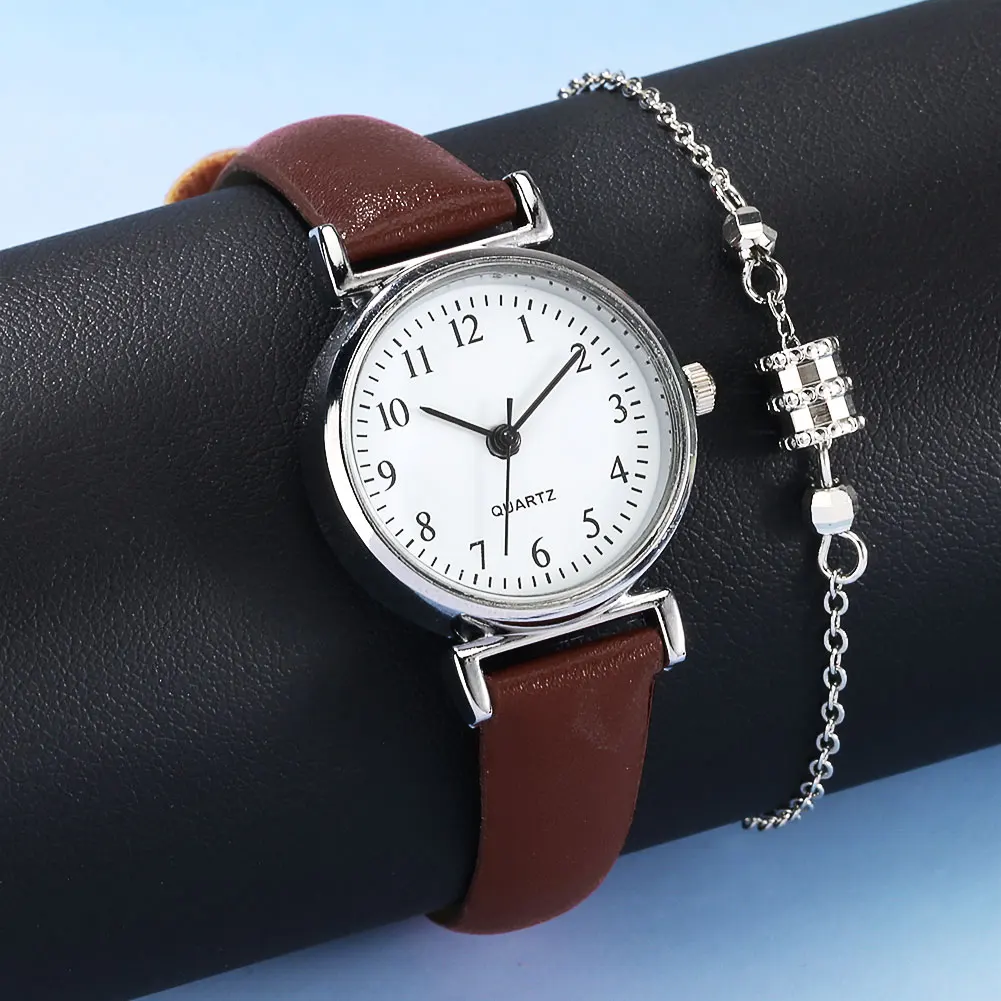 Business Women Quartz Watch Noble Brown Leather Strap Watch Silver Bracelet Ladies Christmas Gifts Set with Box for Mother