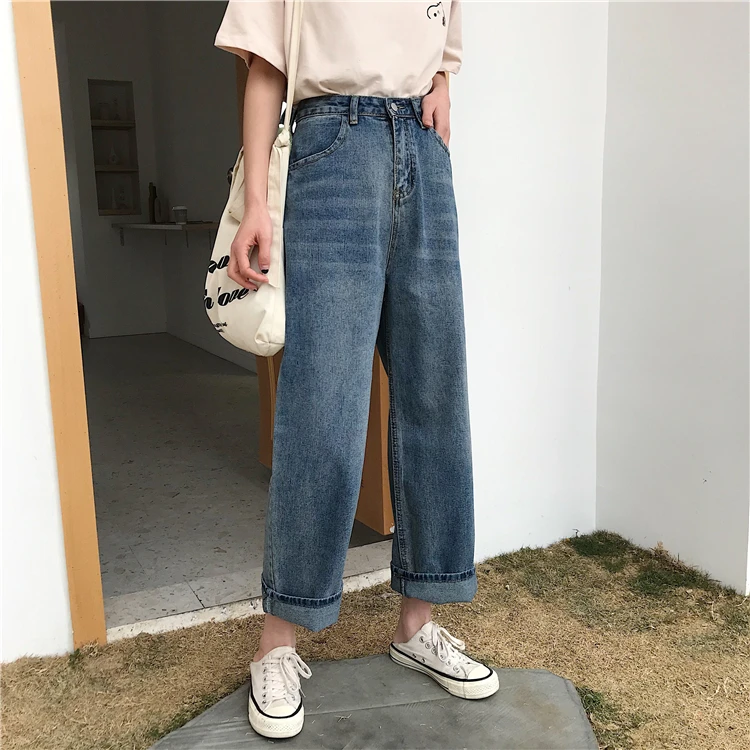 Photo Shoot Spring And Summer Korean-style Hong Kong Flavor Retro BF Style Casual High-waisted Students Loose Straight Wide-Leg
