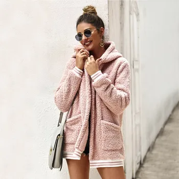 

Women Plush Warm Hooded Cardigan Autumn Winter New Long Loose Warm Sweater Coat Solid Color Long-sleeved Outwear Tops