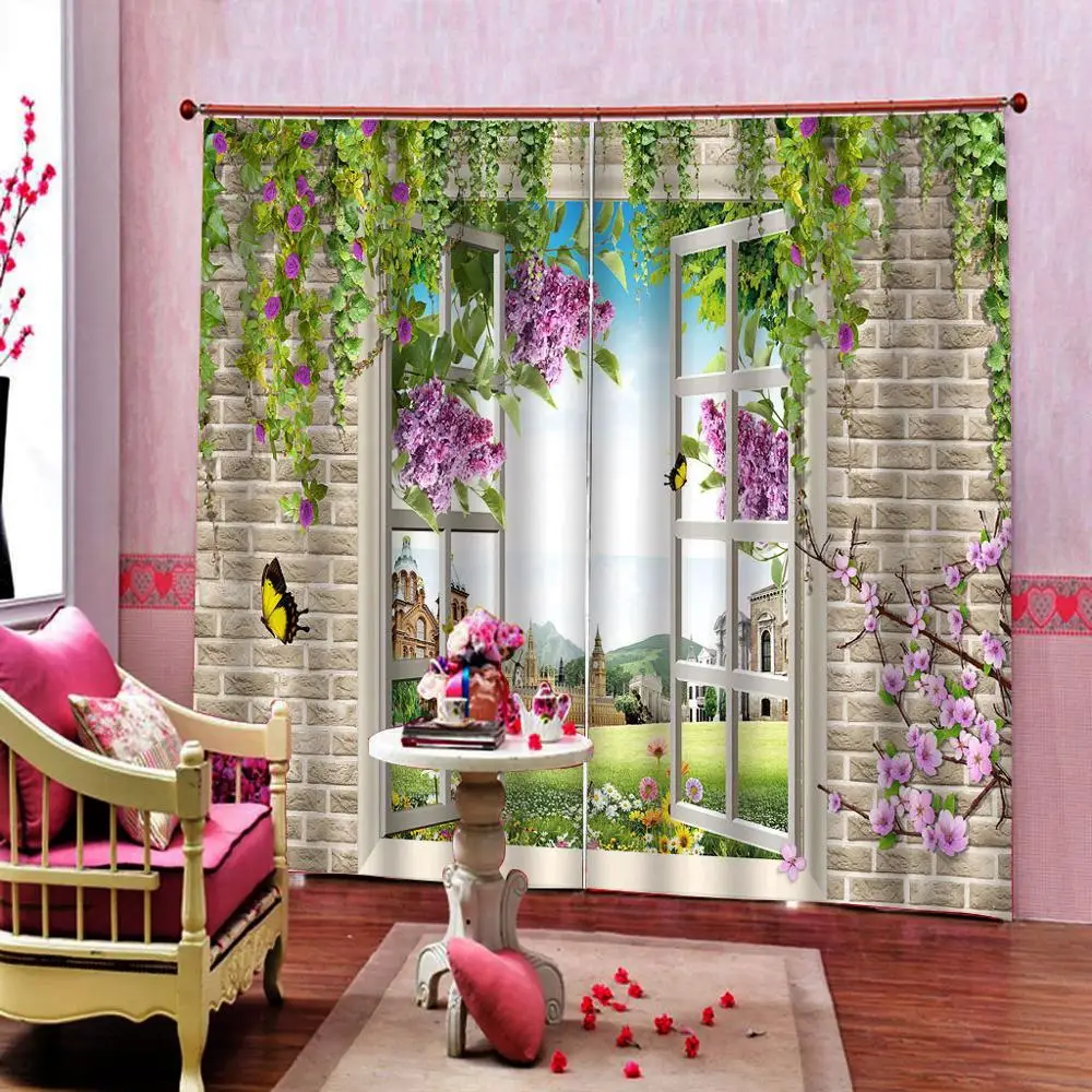 High quality custom 3d curtain fabric Birck wall curtains window curtain purple flower lines curtain