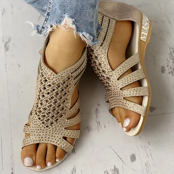 

Rome Woman Peep Toe Sandals Women Bling Crystal Hollow Out Wedges Women's Female Zippers Shoes Ladies Footwear Plus Size