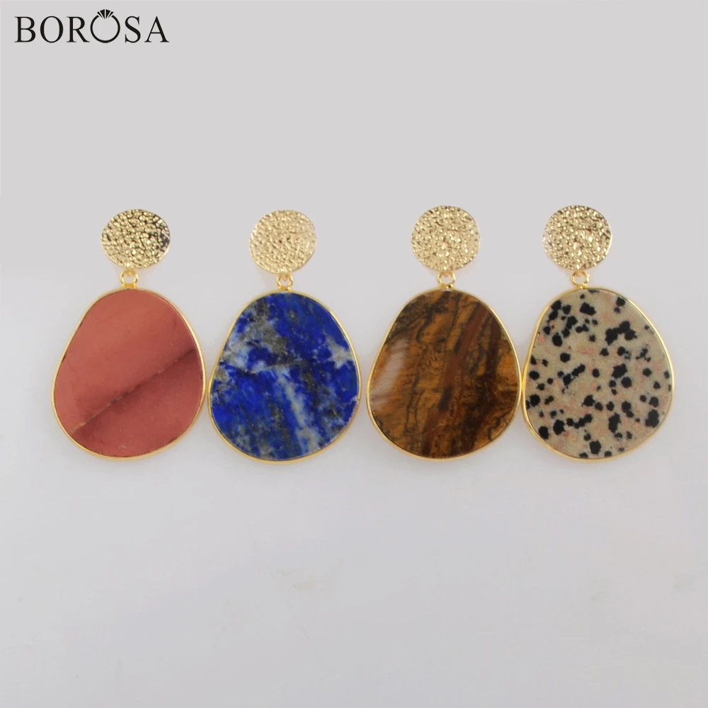 

BOROSA Unique Golden Color Bezel Lapis Lazuli Drop Earring Jewelry Multi-kind Stones Slice Earrings For Women Girl Jewelry