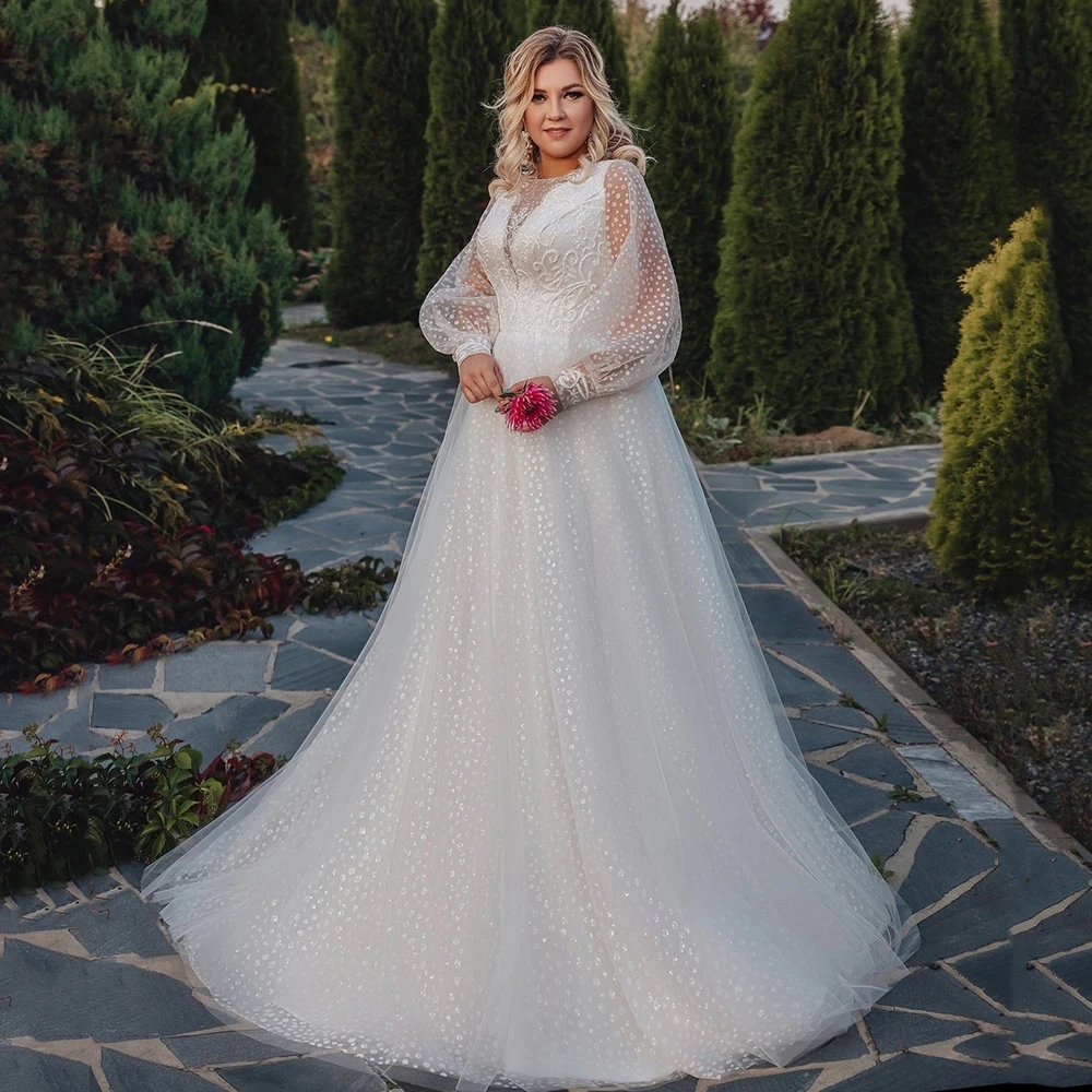 

Thinyfull Glitter Tulle Long Puff Sleeves Wedding Dresses A Line Corset Back Long Wedding Party Gowns Plus Size Bride Dress