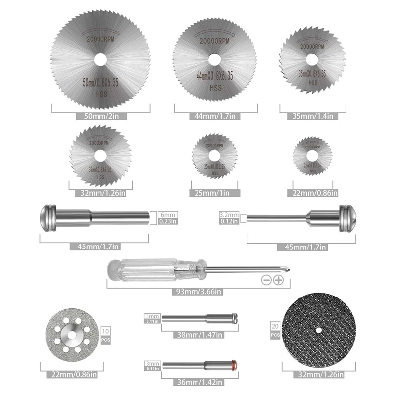 ABSF 36 шт. набор режущих колес для роторного инструмента, HSS циркулярные пильные диски 6 шт., режущие диски из смолы 20 шт. алмазные режущие диски 10P