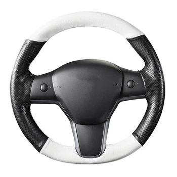 

Car Steering Wheel Cover, 5D Carbon Fiber&White PU Leather Hand-Stitched Steering Cover for Tesla Model 3 2017-2020