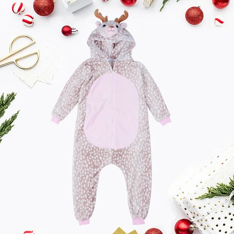 Рождественские пижамы с оленем, флисовые пижамы с героями мультфильмов для женщин и детей, косплей, одежда для сна с капюшоном, зимняя фланелевая розовая пижама