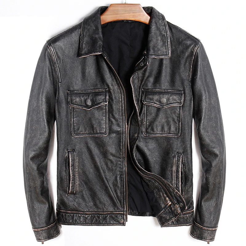 

Free shipping.thick Classic style cowhide coat,vintage men 100% genuine leather pockets Jackets,fashion slim jacket,sales.edging