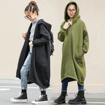 

Korean Style Teen Girls 2020 Winter Fleece Thicken Warm Long Style Sweatshirt Casual Zip Children Clothing Fashion Hooded, #9254