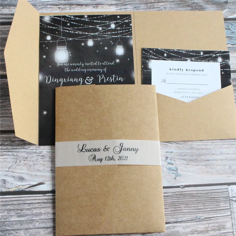 Retro Craft Wedding Invitations Making Tri-Fold Pocket Invite Envelop Personalized Printing 50 Sets