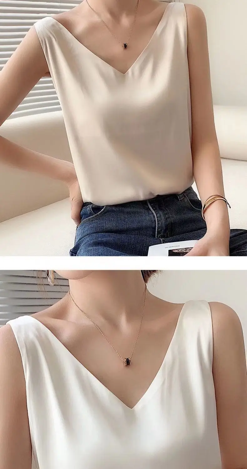 Satin Top Woman Clothes Summer White Tanks And Camis Female Vest Vintage Korean Fashion Free Shipping Sexy Born Sweet Plus Size womens cami