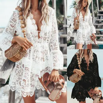Women Sheer Bikini Cover Up Swimwear Sexy Lace Floral Swimsuit Bathing Suit Casual Loose Solid Summer Female Short Beach Dress 1