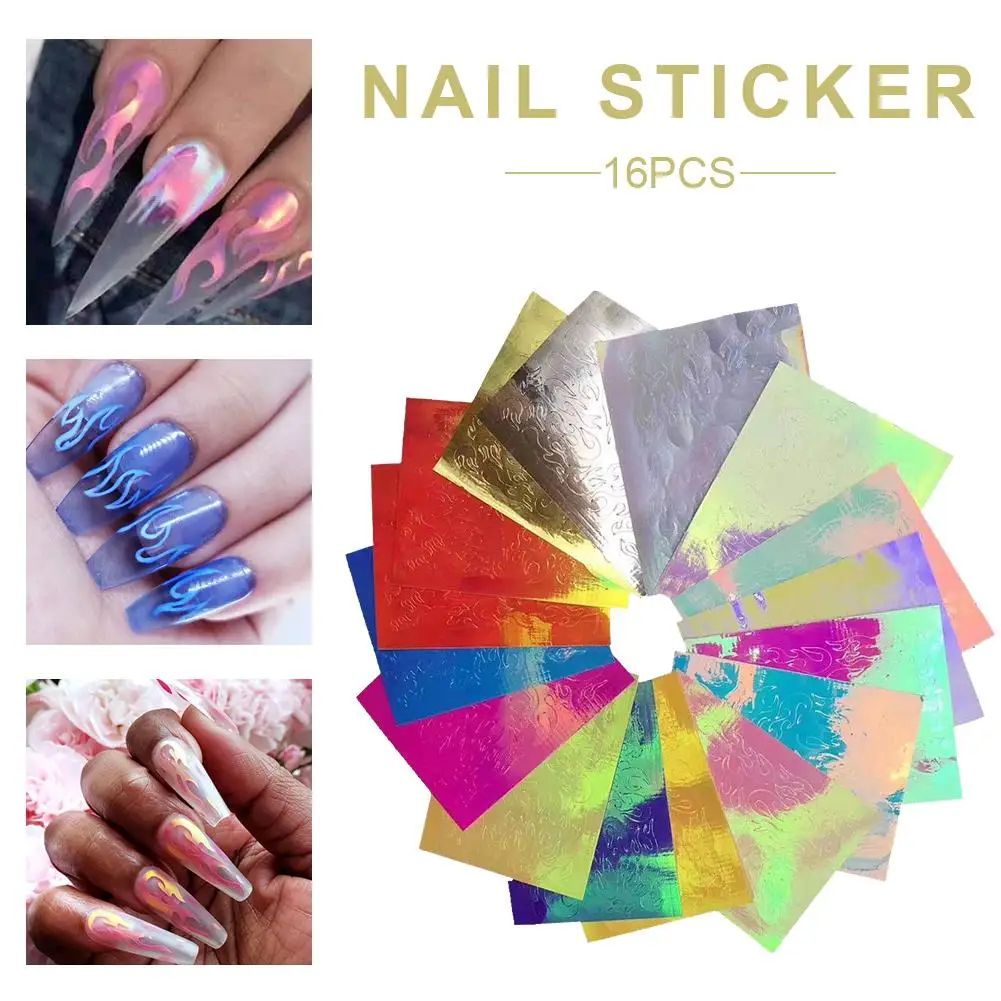 

16PCS Nail Art Sticker Fire Flame Decal Sticker Aurora Flame Applique DIY Manicure Stickers