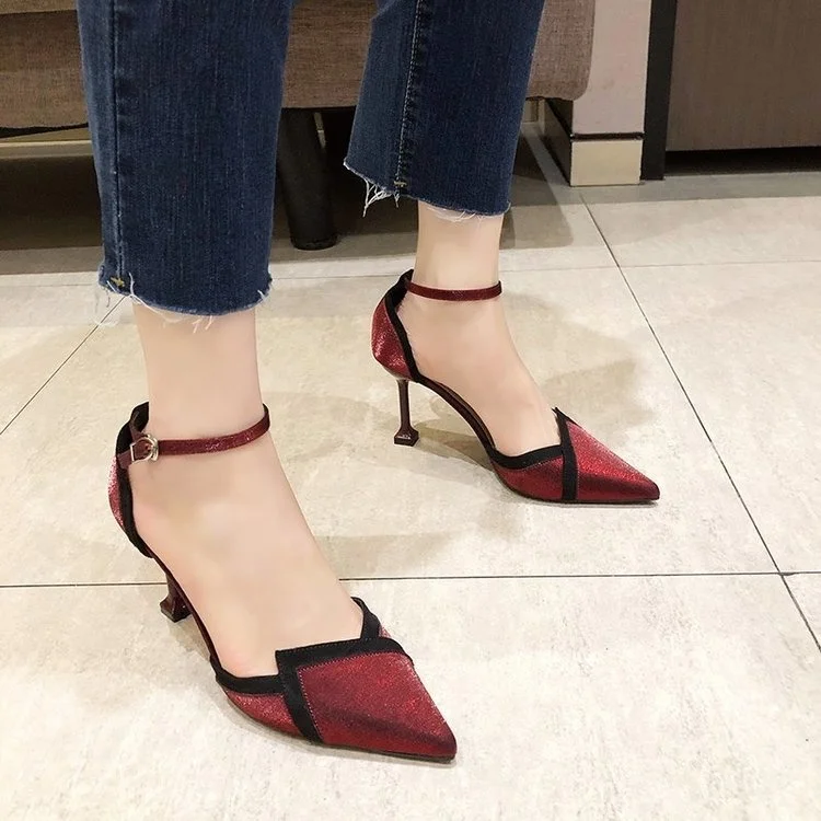Tacones altos de punto de satén para mujer, tacones altos de 8 cm, color  negro/burdeos, sexy, a la moda, con un solo botón, cabeza puntiaguda, nueva  serie|Zapatos de tacón de mujer| -