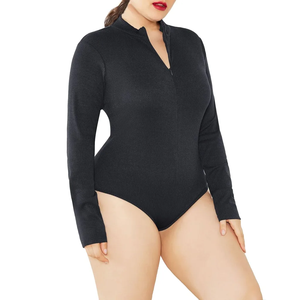 Новые модные женские боди больших размеров 5XL, однотонные топы на молнии с длинными рукавами, пальто, боди, бесшовное мягкое тело медвежонка, чулки - Цвет: Черный