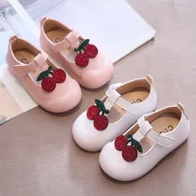 Crianças vestido apartamentos cereja strass bling t cinta doce meninas sapatos crianças sapatos de couro para crianças primeiro caminhantes novo