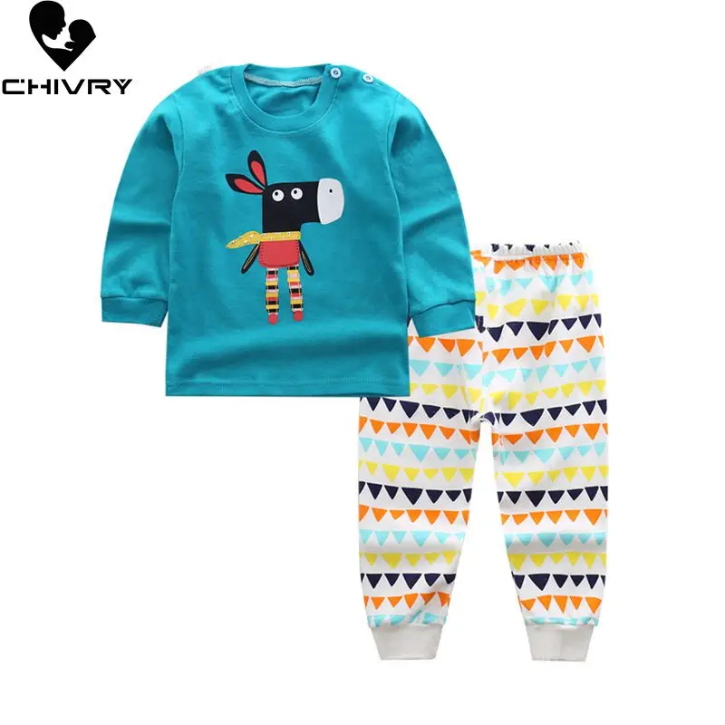Conjuntos de pijama de algodón para niños y niñas, camisetas con estampado de dibujos animados y cuello redondo, pantalones, ropa de otoño, novedad de 2020