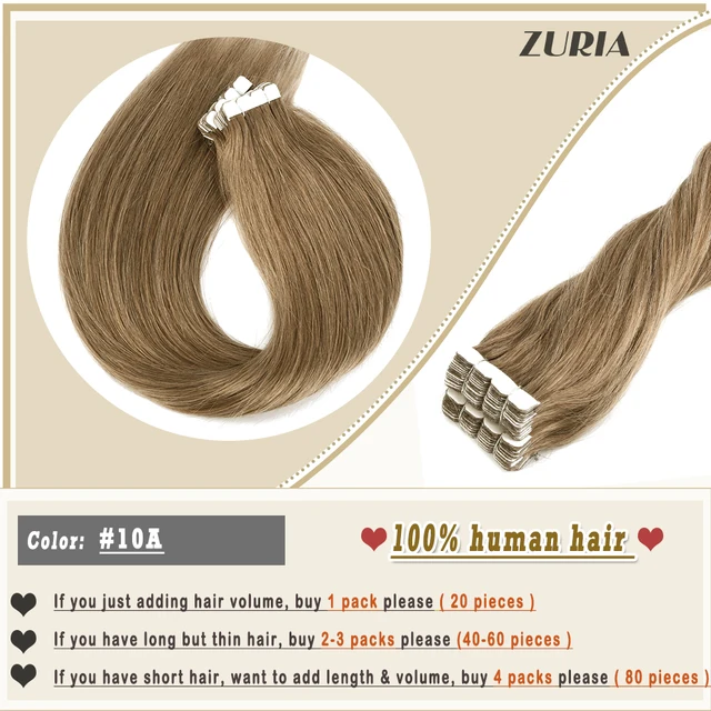 ZURIA Mini Tape In Hair Extensions Machine Remy Natural Hair Extensions Human Hair Straight 20 Inchs Seamless Adhesive Skin Weft #10