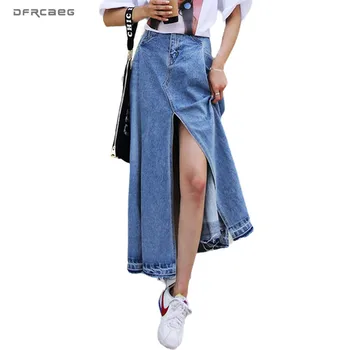 

High Waist Vintage Jeans Maxi Skirt For Woman 2020 Summer Casual Sexy Split Ladies A-Line Denim Skirts Streetwear Female