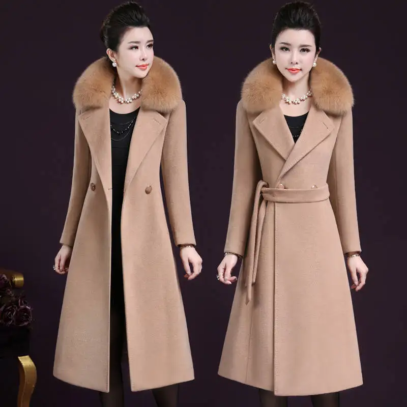 

Winter Office Lady Long Wool Blend Coat Women 2019 Large Fur Collar Cashmere Woolen Jacket Elegant Lady Slim High Quality Belt