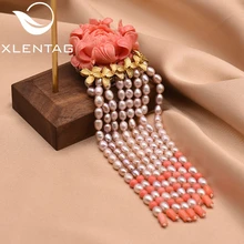 XlentAg роскошный коралловый цветок натуральный пресноводный жемчуг брошь с кисточкой для женщин кулон двойного назначения ручной работы ювелирные изделия GO0040