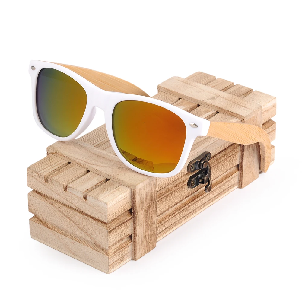 Promotion BOBO BIRD Womens Mens Bamboo Wooden Sunglasses White Frame eyewear With Coating Mirrored UV 400 Lenses in Wooden Box designer sunglasses for women Sunglasses