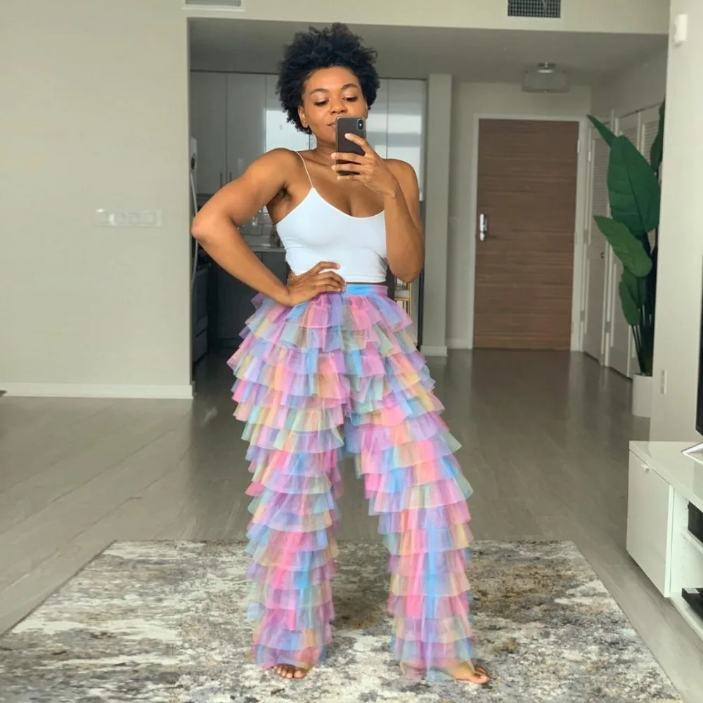 Women Colorful Tulle Pants Custom Made Rainbow Tulle Ruffled Pant Long Length Girls Maxi Party Wear Fashion