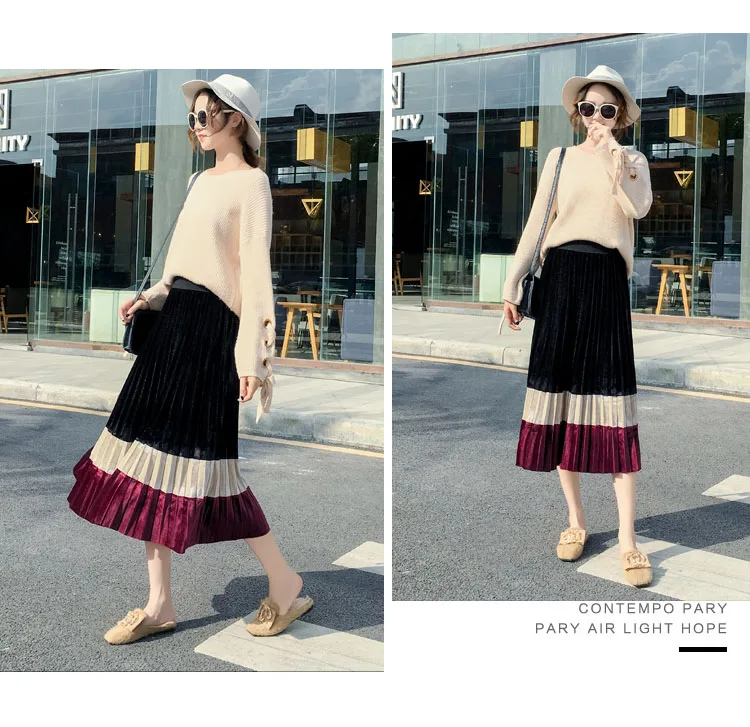 TOTNWANG Winter Vintage Velour Midi Skirt Women Casual Elastic High Waist Pleated Skirts Solid Patchwork Color Block Skirt Femme