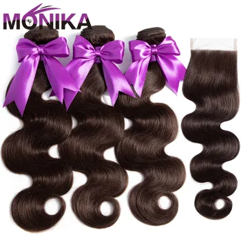 

Monika #2#4 Brown Pure Colored Bundles With Closure Malaysian Hair Body Wave Human Hair Bundles Weave with Closure Non-Remy