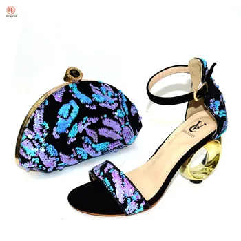 

New African Women High Heels Sandals Mathing a Bag with Sequin Italian Design Colorful Bling Shoes And Bag set for Wedding Party