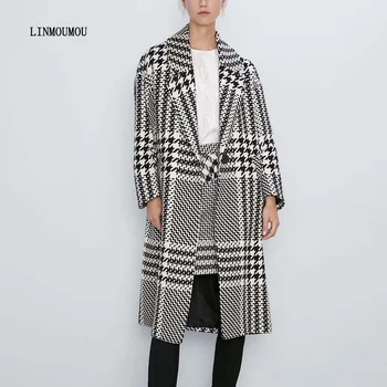 

Winter Women's Jacket Houndstooth Print Lapel Wool Coat Button Long Sleeve Loose Back Split Long Jacket