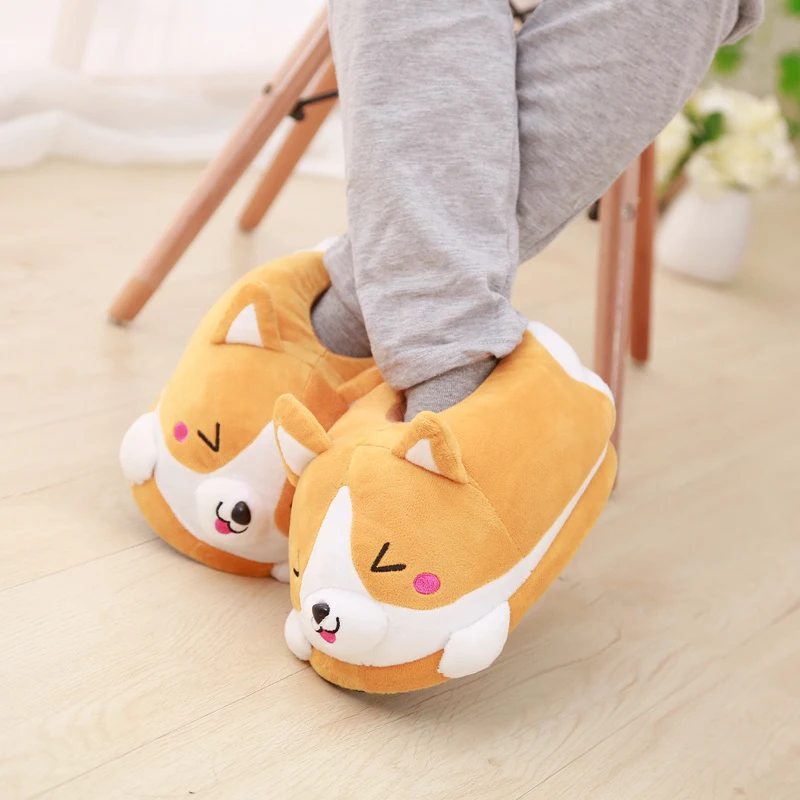 Lovely Corgi Shoes Heeled Cartoon Animals Dog Slippers Plush Indoor Floor Shoes Anti-slip Girls Ladies Friend Gift