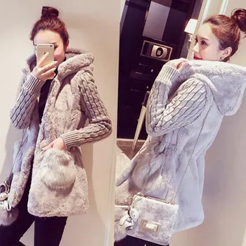 

2019 Winter Warm Women Fur Jacket Sheep Lamb Mink Fur Hooded Knitting Knitted Coat Long Sleeve Plus Size Ladies Outwear Clothes