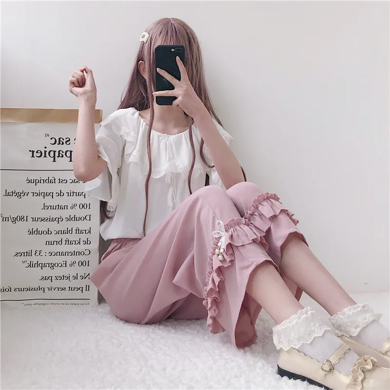 

Sweet Women's Ankle-Length Plaid Pants Ruffles Trim High Waist Elastic Loose Wide Leg Trousers Cute Casual Student Summer