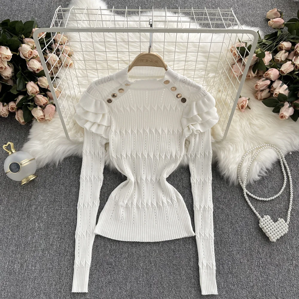 Женский трикотажный свитер с воланом однотонный облегающий пуловер ложным