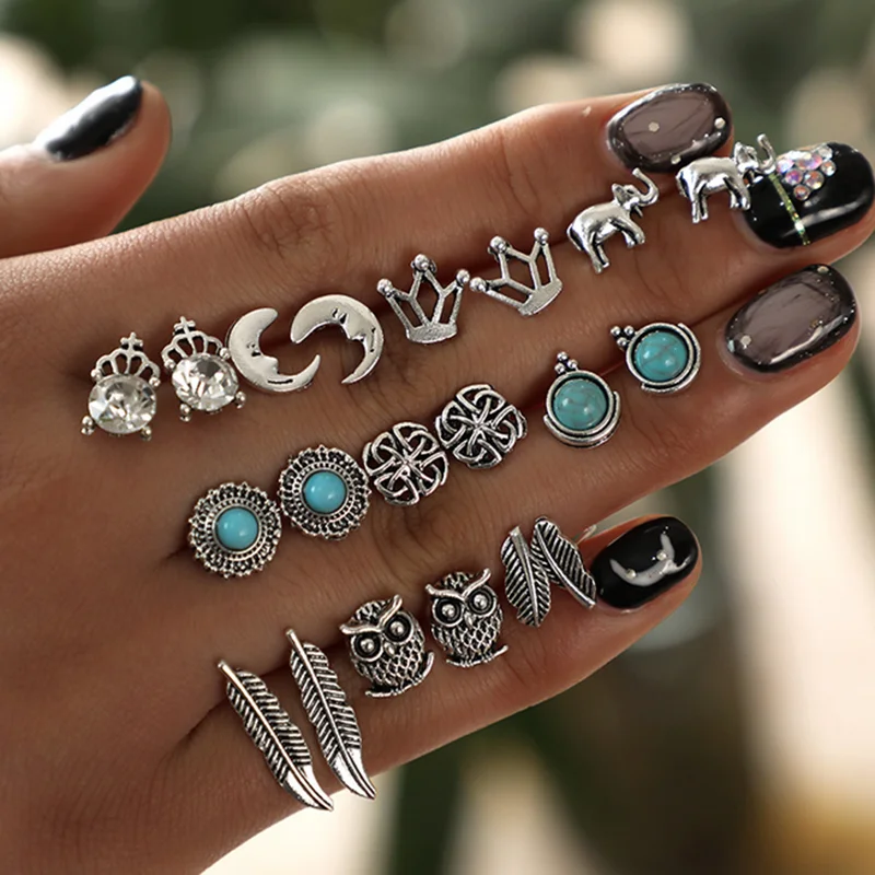 10Pairs/set Women Boho Silver Turquoise Earrings Set Jewelry Owl Crown Ear Stud