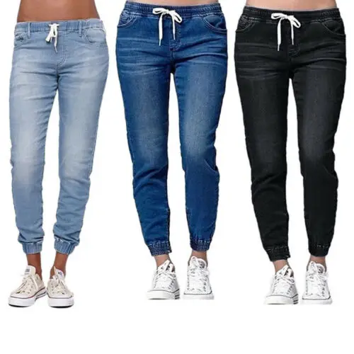 

Women Jeans Casual Denim Jogger Pants Ladies Drawstring Elastic Waist Pencil Stretch Denim Skinny Solid Trousers Size S-5XL