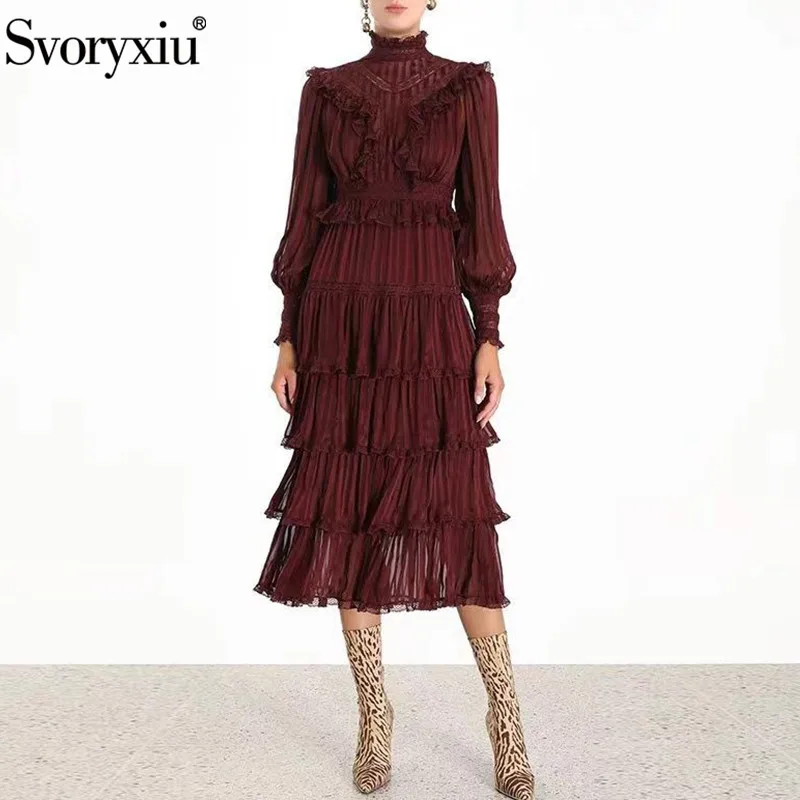 Svoryxiu/ осенне-зимние винтажные вечерние платья для подиума, женские полосатые Лоскутные кружевные платья средней длины с каскадными оборками