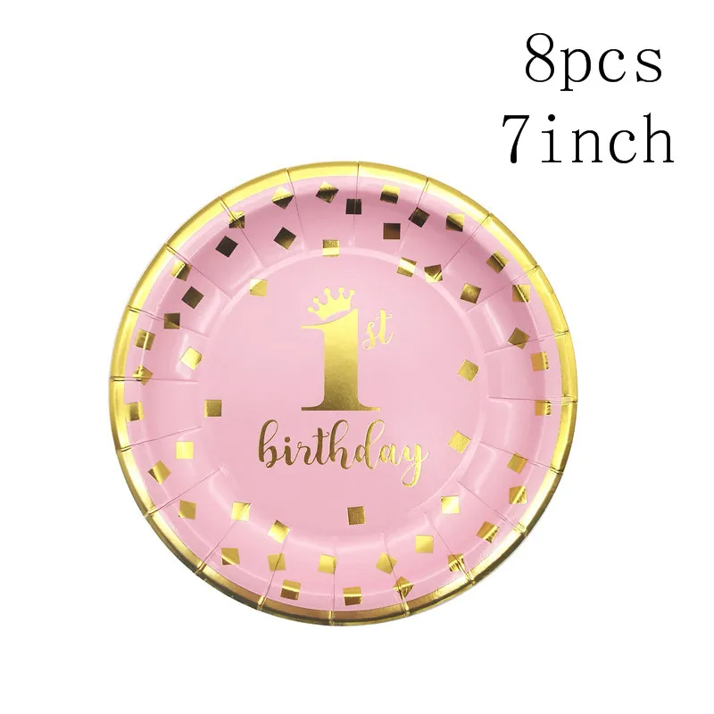 Для девочек и мальчиков на 1-й День рождения одноразовая посуда салфетки тарелка чашка баннер соломинка один год День рождения украшение - Цвет: 7inch plate