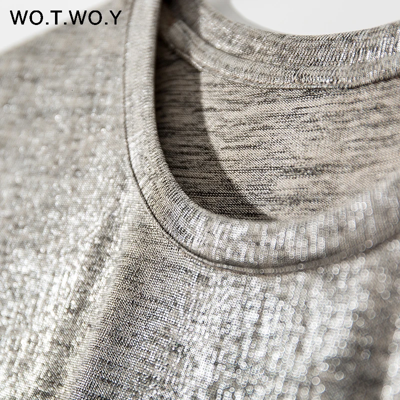 WOTWOY Silver Shiny Lurex Knitted T Shirts Women 2019 Summer Sexy Slim O-Neck Short Sleeve T shirt Woman Solid Tees Harajuku